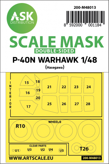 1/48 Curtiss P-40N Warhawk double-sided painting mask for Hasegawa / Hobby2000